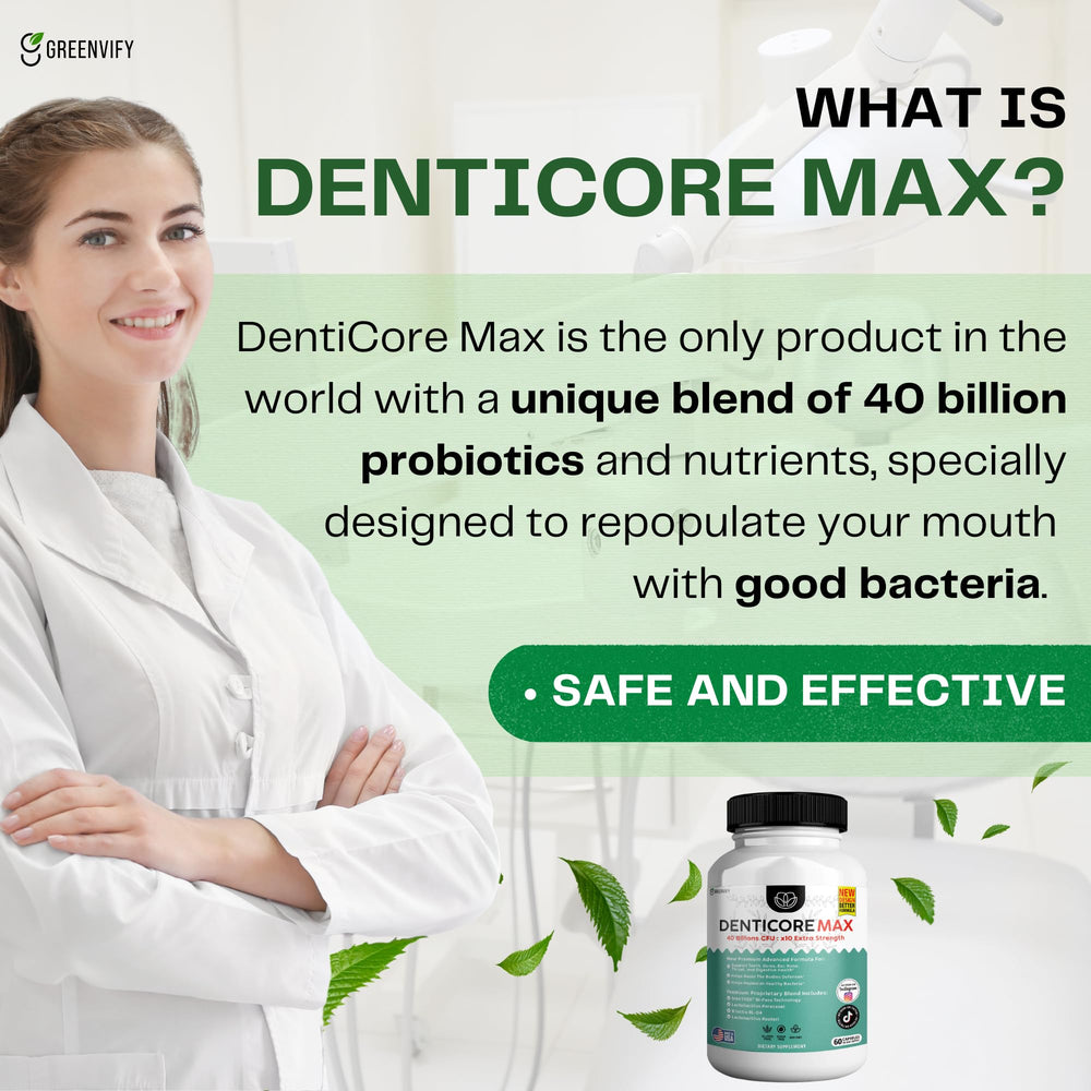 DentiCore Max bottle open reveals capsules ready for on-the-go use.