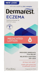 Dermarest Eczema Medicated Lotion bottle, 4-pack, offering soothing relief and skin barrier support.