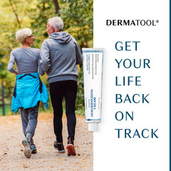 Person applying DERMATOOL cream after shower for targeted relief.