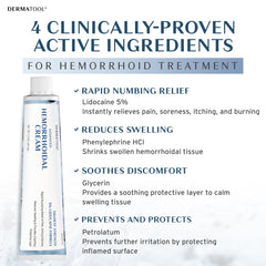 DERMATOOL hemorrhoid cream tube ready for precise topical application for fast relief.