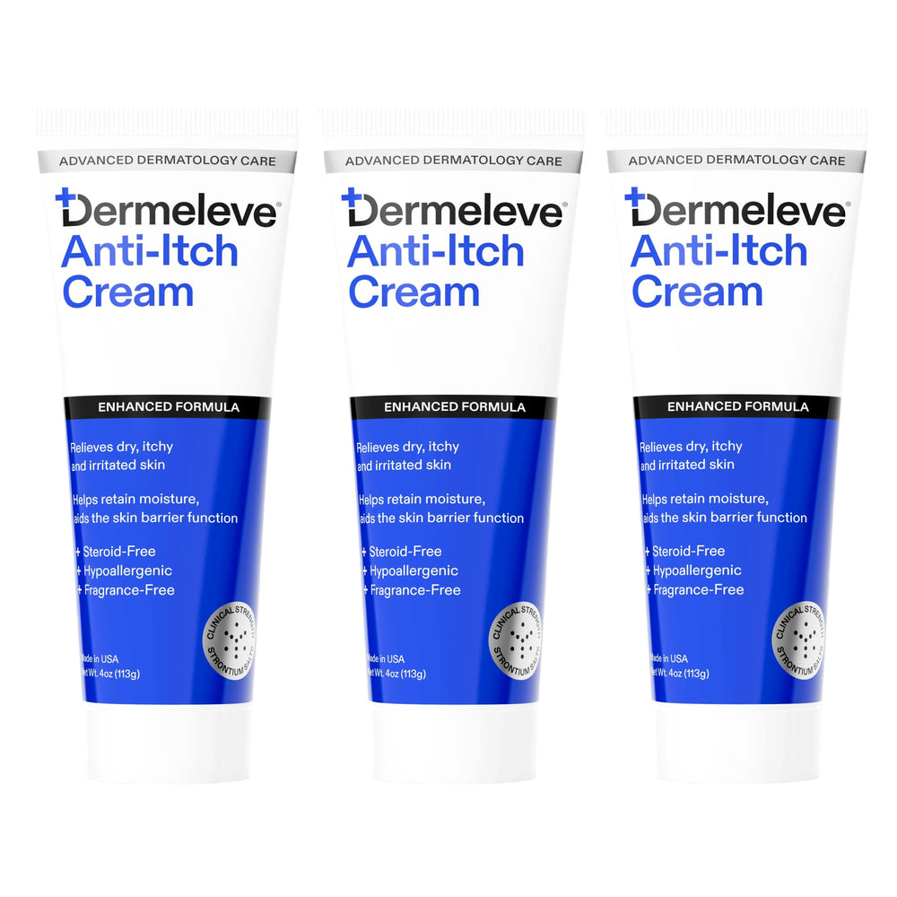 Dermeleve anti-itch cream front label highlights steroid-free relief for sensitive skin.