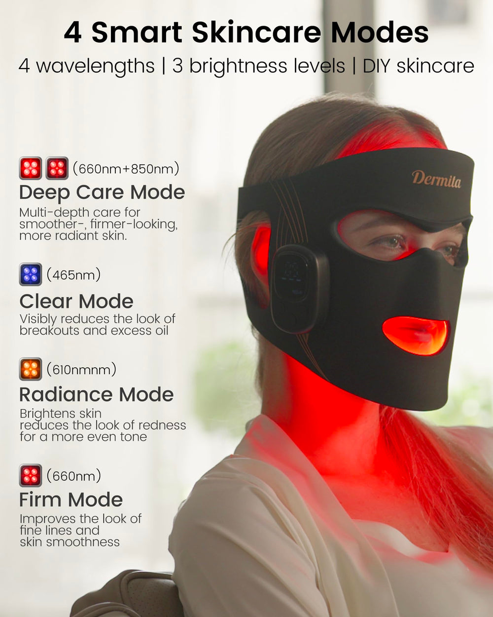Dermita wireless mask with remote control for effortless session adjustments.