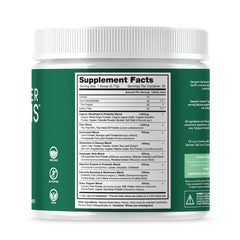 Designer Wellness Greens label detail highlights key ingredients and features.