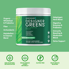 Designer Wellness Greens scoop dispensing powder for precise servings.