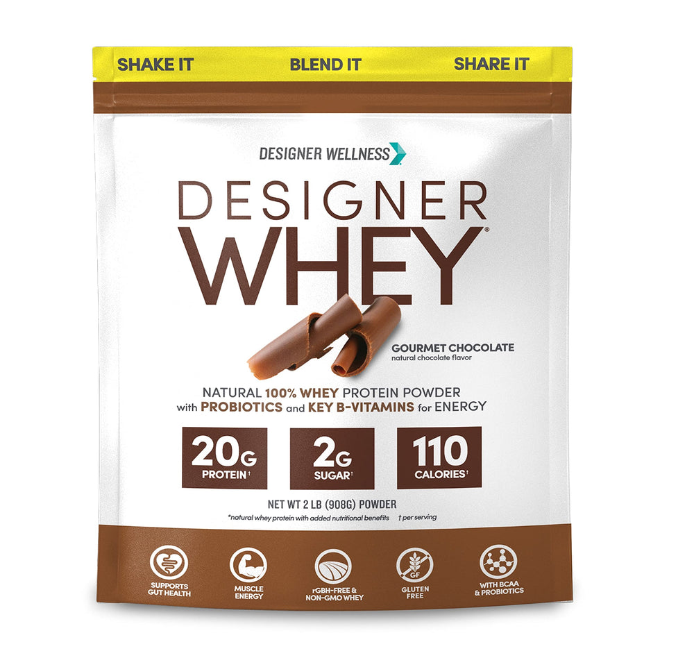 Designer Wellness Designer Whey bottle being poured for a high-protein shake