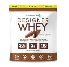 Designer Wellness Designer Whey bottle being poured for a high-protein shake