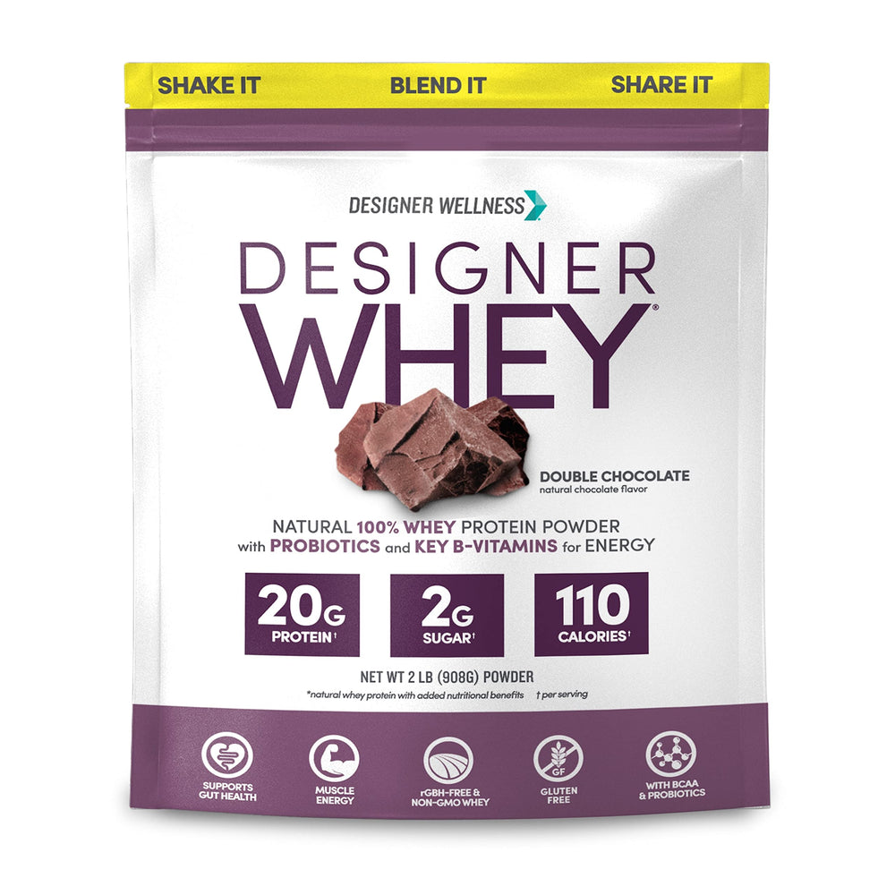 Designer Wellness Designer Whey bottle promotes post-workout protein.