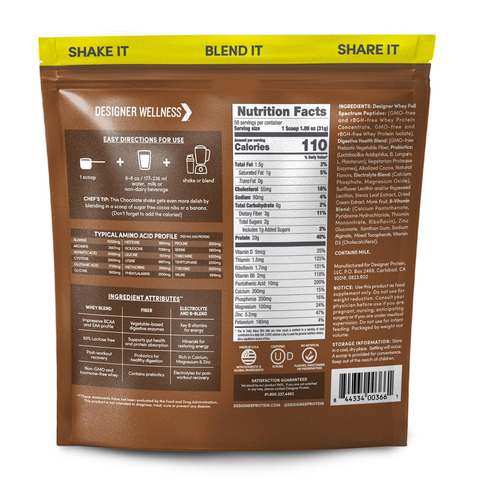 Designer Wellness Designer Whey label close-up highlighting probiotics and prebiotic fiber.