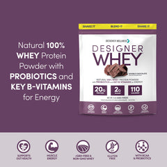 Designer Wellness Designer Whey label highlights gluten-free and Kosher.