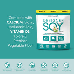 Designer Wellness protein powder shaker with glass of smoothie, showcasing 0 sugar promise