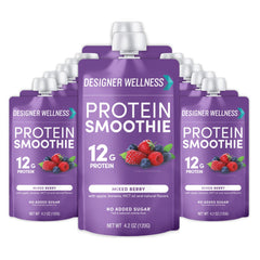 Designer Wellness protein smoothie bottle pouring with mixed berry flavor for on-the-go nutrition.