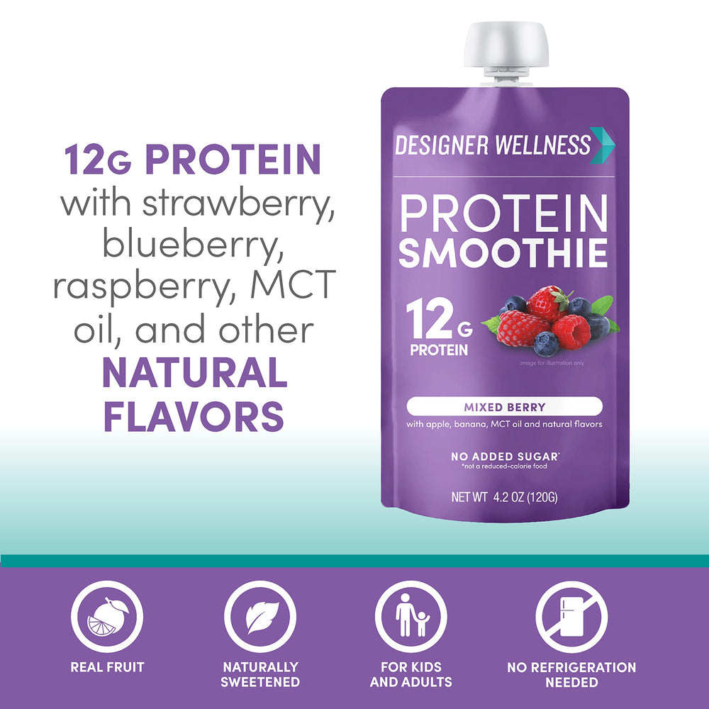 Designer Wellness smoothie glass shows creamy berry texture for a satisfying snack.