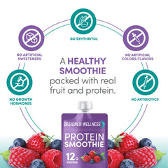 Designer Wellness mixed-berry ingredients close-up emphasizing gluten-free and non-GMO quality.