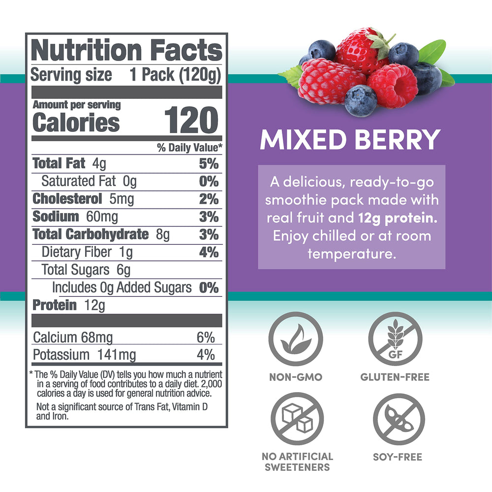 Designer Wellness on-the-go pouch with mixed berry smoothie ideal for busy days.