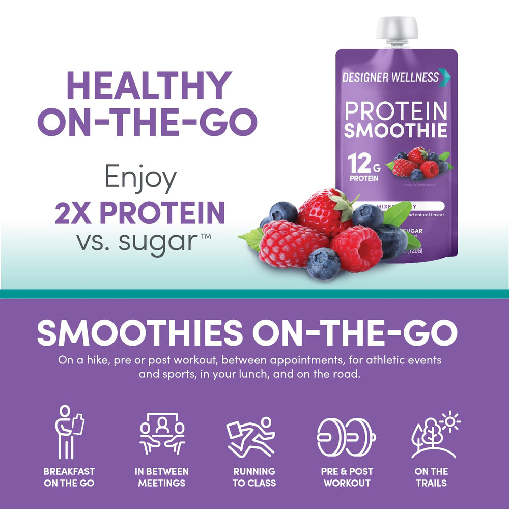 Designer Wellness smoothie close-up highlights creamy texture and natural fruit sweetness.