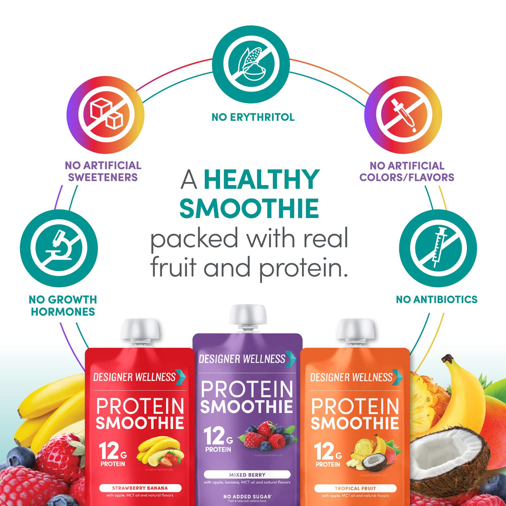 Designer Wellness Protein Smoothie packaging 12 count for convenient stocked pantry.