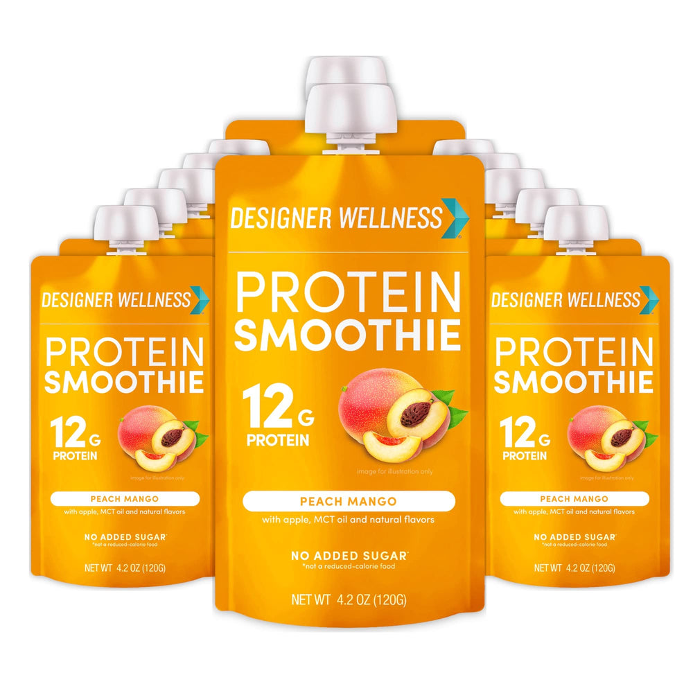 Designer Wellness Peach Mango smoothie bottle being poured, high-protein on-the-go option.