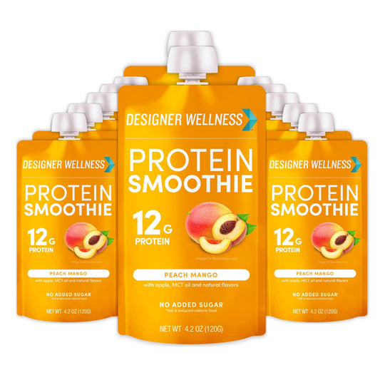 Designer Wellness Peach Mango smoothie bottle being poured, high-protein on-the-go option.