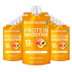 Designer Wellness Peach Mango smoothie bottle being poured, high-protein on-the-go option.