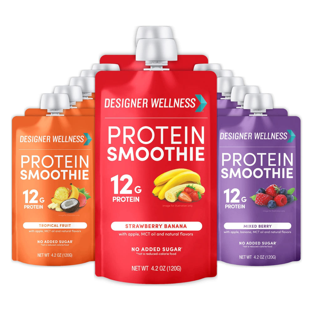 Designer Wellness Protein Smoothie pouch on the go for a quick protein boost.