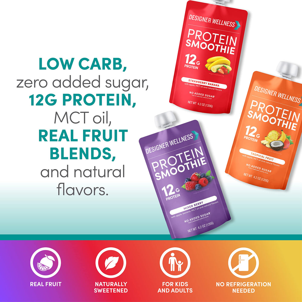 Designer Wellness Protein Smoothie real fruit blends highlight natural sweetness.