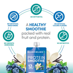 Designer Wellness Protein Smoothie zero added sugar graphic signals clean flavor.