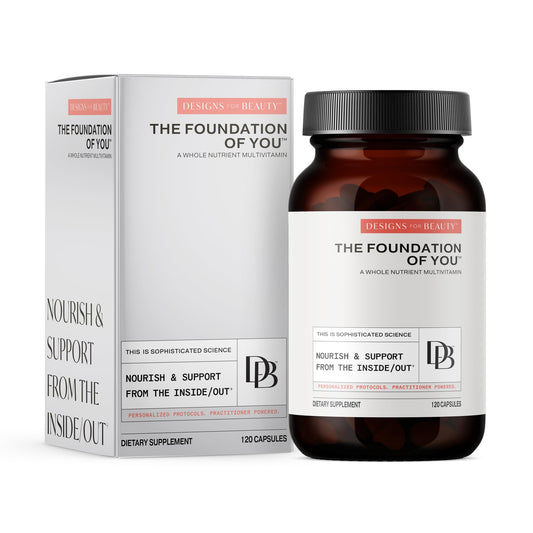 Designs for Beauty Foundation bottle pouring, suggesting daily skin and nail support.
