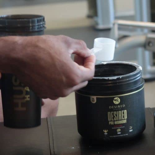 DESIRED Pre Workout serving-scoop shows easy daily dose for 25 servings
