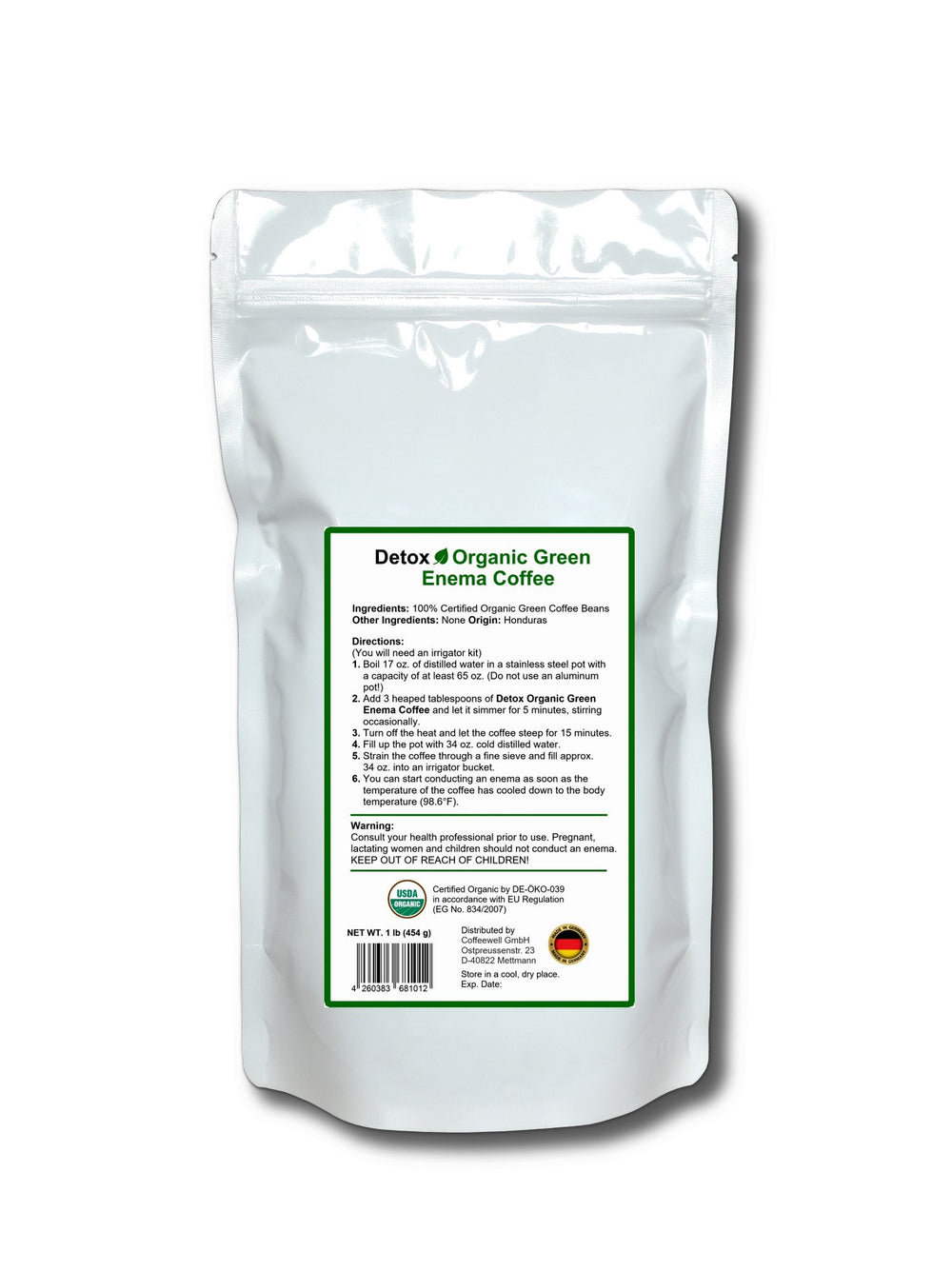Detox Organic Green Enema Coffee granules closeup showing coarse texture ideal for enema use.