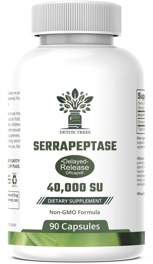 Detox Trees Serrapeptase bottle front highlighting 40,000 SPU potency for everyday balance