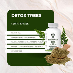 Detox Trees Serrapeptase daily routine setup on a desk beside water