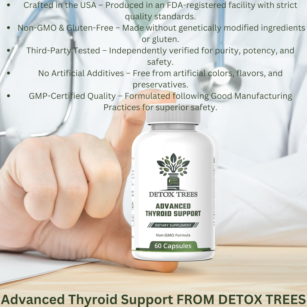 Detox Trees Thyroid Health Formula bottle top shows easy capsule access.