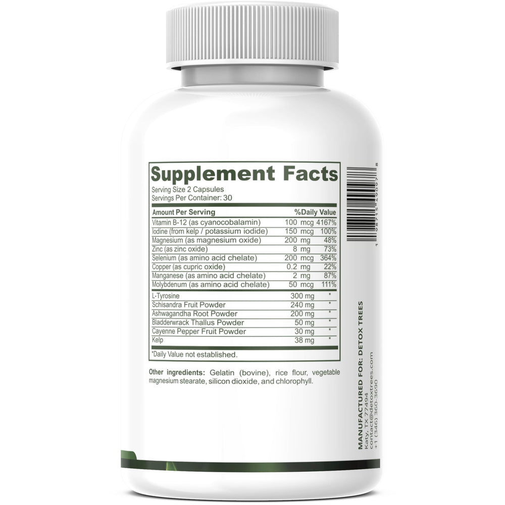 Detox Trees Thyroid Health Formula label close-up highlights clean, non-GMO formulation.