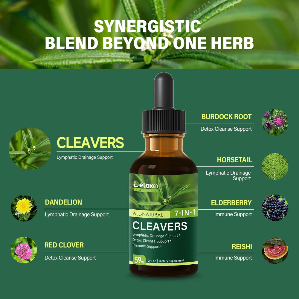 DetoxenNATURE Cleavers ingredients panel features dandelion and horsetail for drainage.