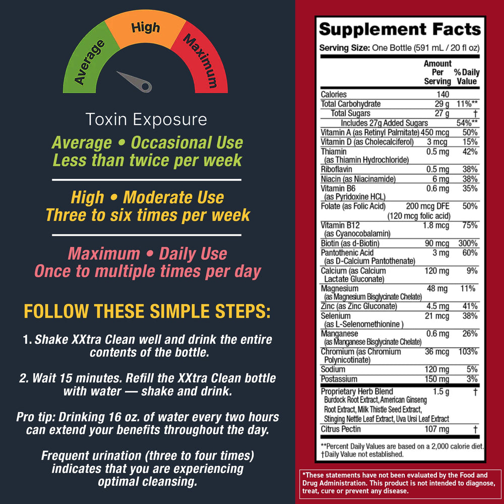 Detoxify Xxtra Clean nutrition panel shows serving details and ingredients.