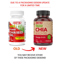 DEVA Chia Seed Oil capsules close-up—cold-pressed, unrefined vegan supplement.