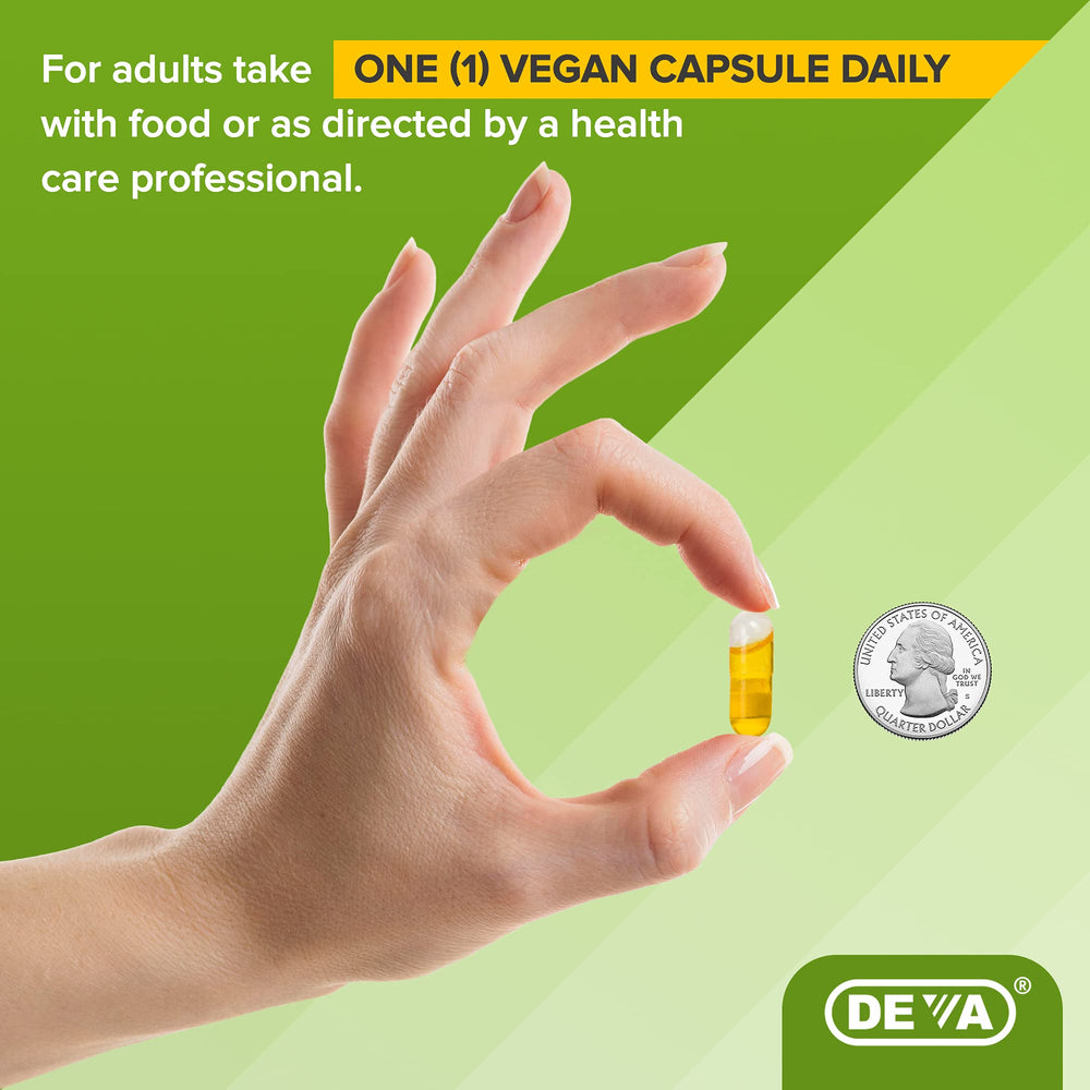 Plant cellulose capsules—gelatin-free DEVA chia oil capsules for convenient vegan use.