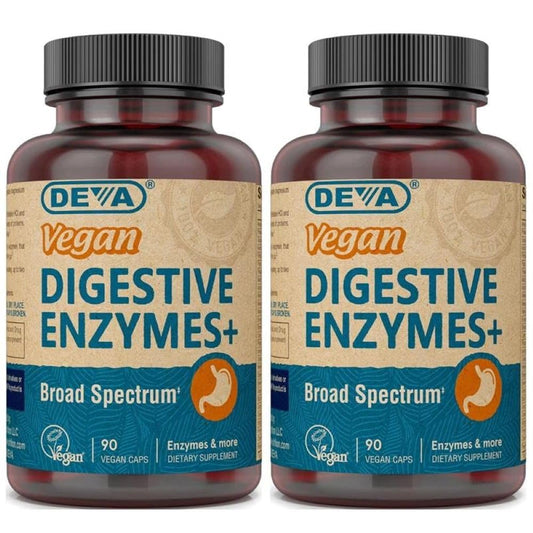 DEVA Digestive Enzymes+ bottle—vegan blend aiding digestion after meals.