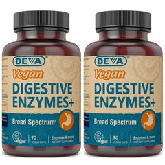 DEVA Digestive Enzymes+ bottle—vegan blend aiding digestion after meals.