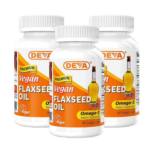 DEVA flaxseed oil capsules front view, convenient vegan omega-3 source.