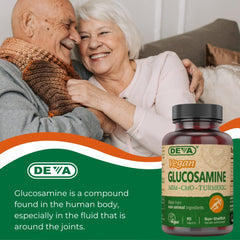 Non-GMO corn-derived glucosamine detail on the DEVA bottle.