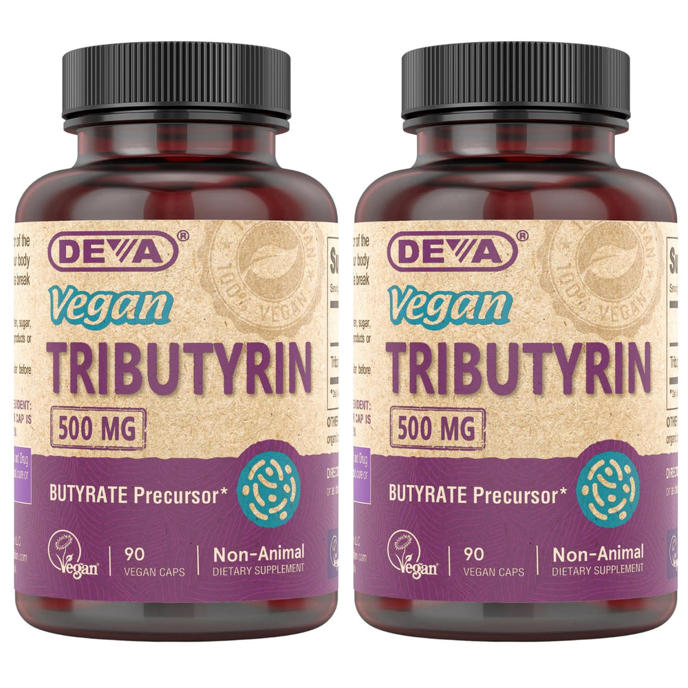 DEVA Tributyrin bottle front highlights vegan formula for gut support.