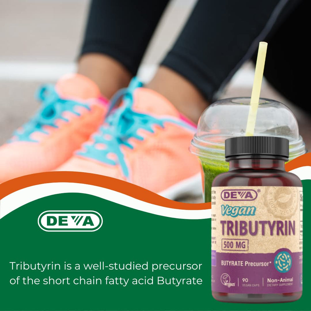 Side view of DEVA Tributyrin bottle with clear packaging details.