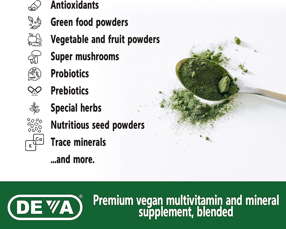 DEVA Tuba Prime ingredient glass with spoon highlighting greens, berries, and mushrooms