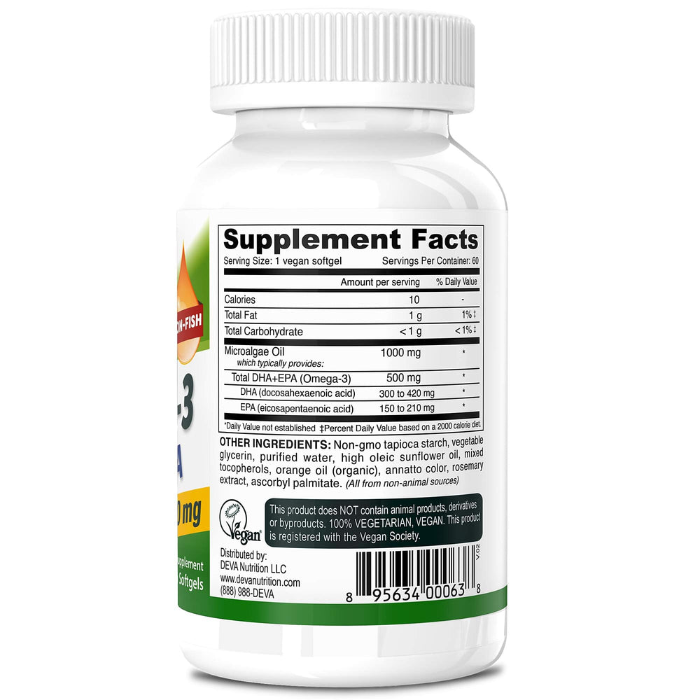 Closeup of DEVA vegan softgels, algae-based DHA and EPA, with no fishy aftertaste.
