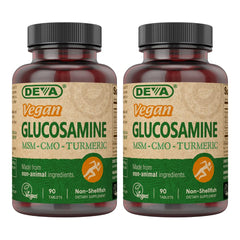 DEVA vegan glucosamine bottle highlights gluten-free, plant-based supplement.
