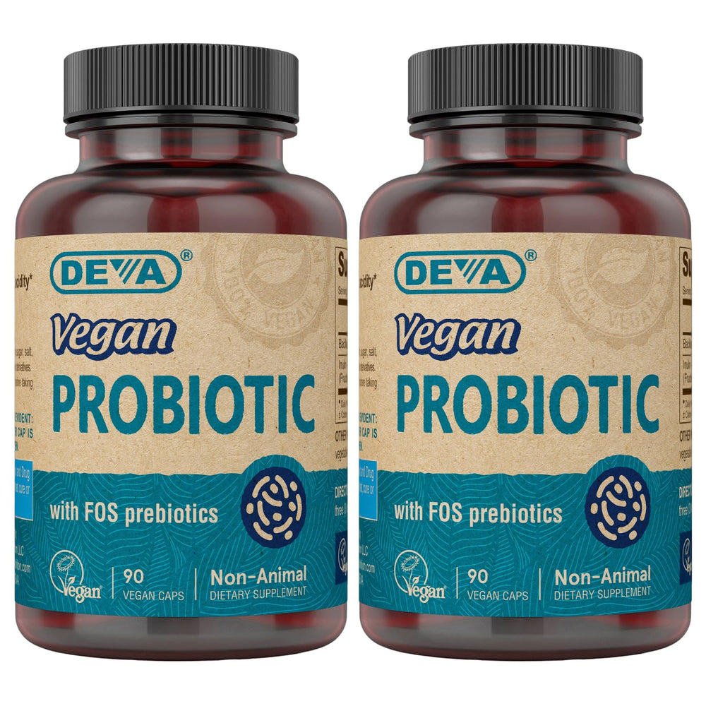 DEVA Vegan Probiotic bottle front view, shelf-stable daily supplement.