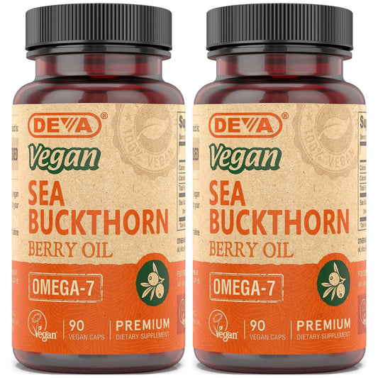 DEVA Sea Buckthorn Oil Capsules bottle shows vegan omega-7 support for skin and cells