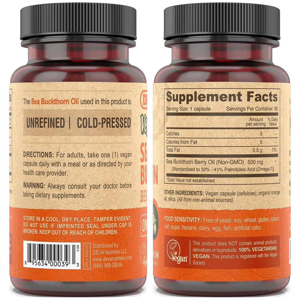 Close-up of DEVA capsules highlighting cold-pressed sea buckthorn oil