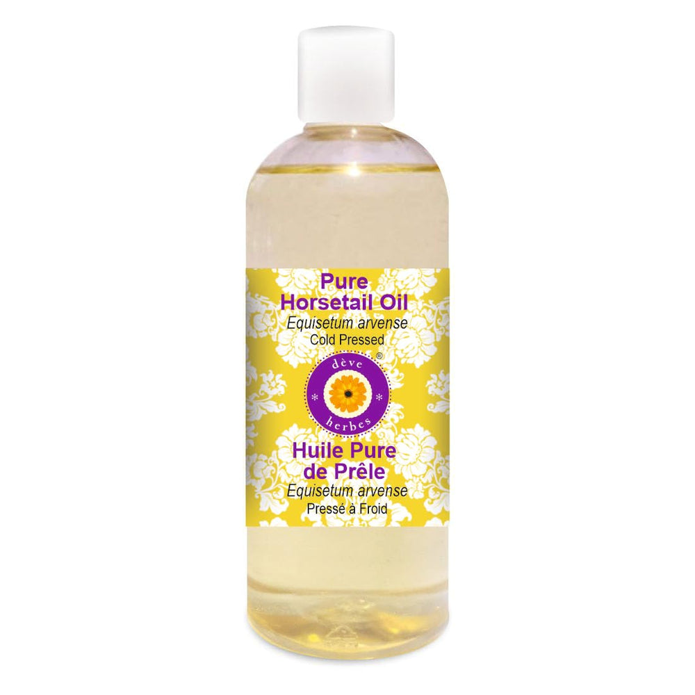 Deve Herbes Horsetail Oil bottle close-up, pure carrier oil for diluting essential oils.